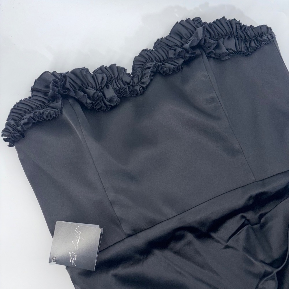 White House Black Market Black Satin Strapless Ruffle Cocktail Dress 14 NWT